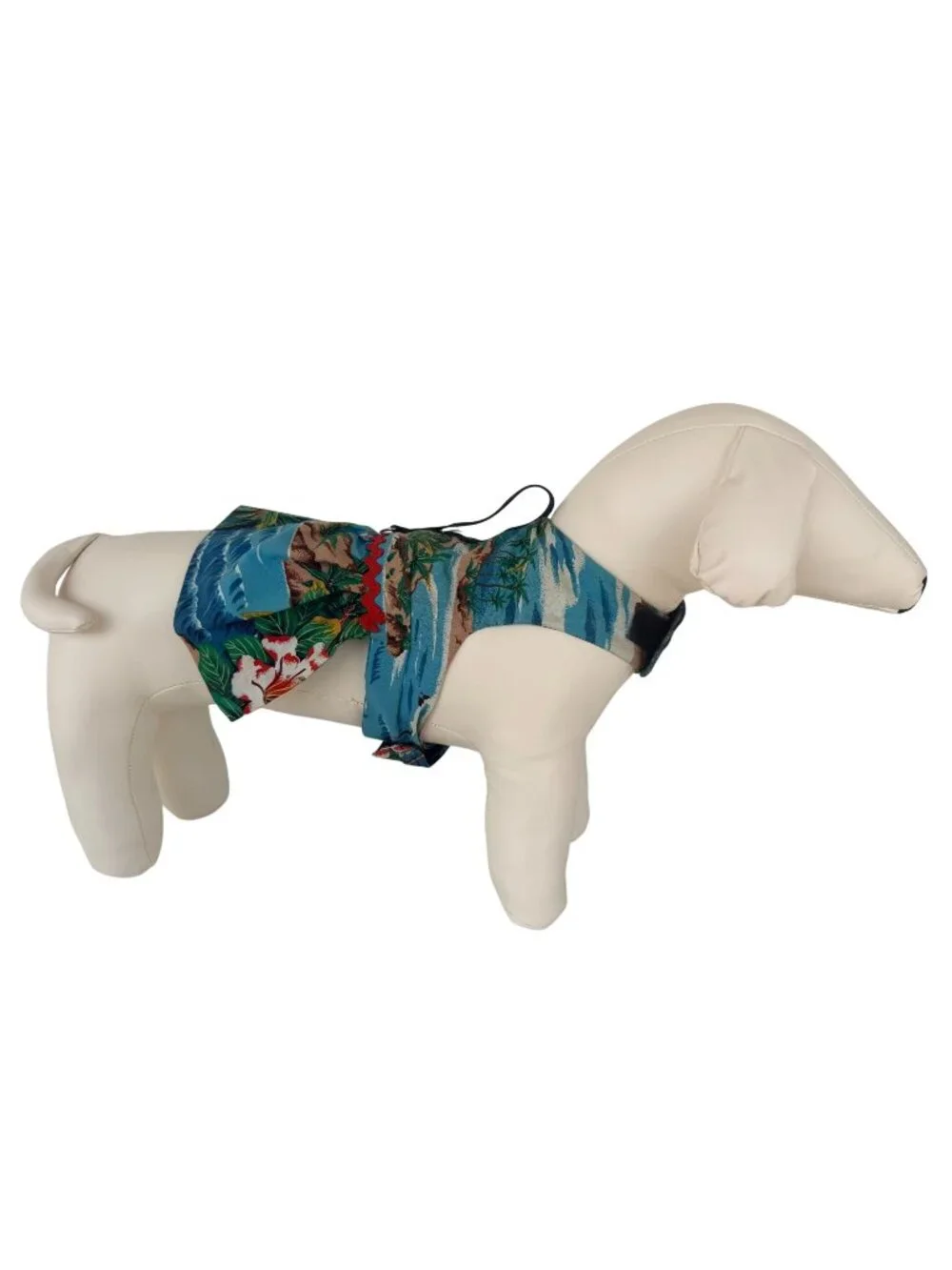Handmade Small Dog Adjustable Dress Outfit w Harness Hawaiian Tropical Blue Red